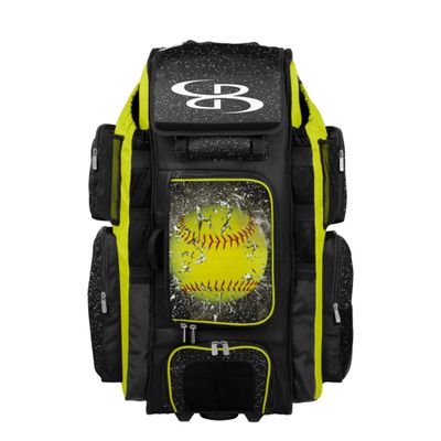 Boombah Superpack XL Rolling Bat Bag - 35.5" x 13.5" x 10" - Telescopic Handle - Holds 8 Bats - Wheeled Version - Softball Highlight Black/Optic Yellow/Red