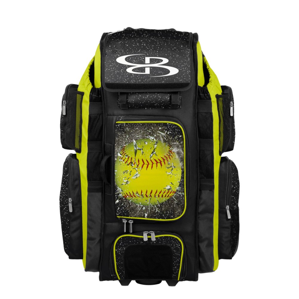 Boombah Superpack XL Rolling Bat Bag - 35.5" x 13.5" x 10" - Telescopic Handle - Holds 8 Bats - Wheeled Version - Softball Highlight Black/Optic Yellow/Red