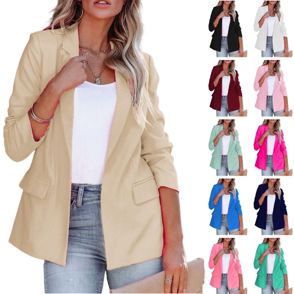 Women's Casual Open Front Blazers Long Sleeve Work Office Suit Jackets with Pockets Solid Color Business Coat