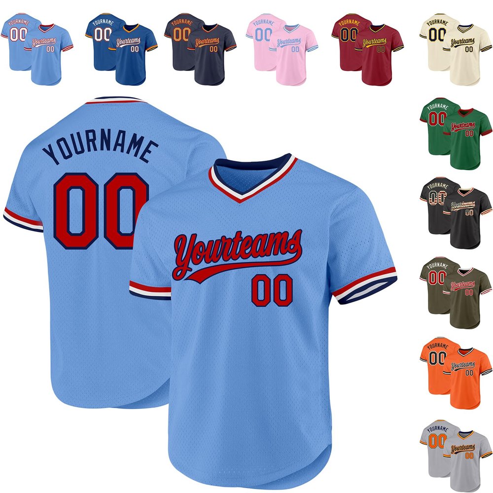 Custom Light Blue Baseball Jersey Authentic Throwback Pullover Personalized Large Mesh V-Neck Baseball Shirts Stitched Name and Number