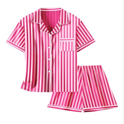 Schbbbta Satin Pajamas for Girls, 2 Pcs Sleepwear Button-Down Short Sleeve Silk Summer Pajama Set for Girls, Hot Pink Strip, 13-14 Years = Tag 170