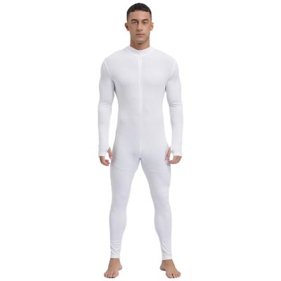 TiaoBug Men's One Piece Full Body Unitard Jumpsuit Long Bottom Front Zipper Leotard Bodysuit White X-Large