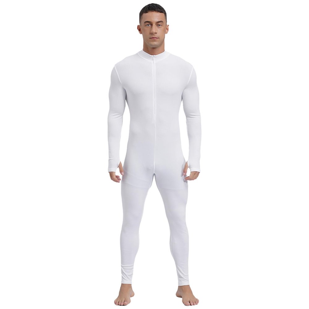 TiaoBug Men's One Piece Full Body Unitard Jumpsuit Long Bottom Front Zipper Leotard Bodysuit White X-Large
