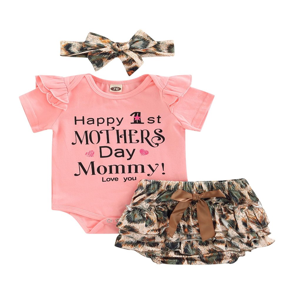 Baby Girl Clothes Newborn Summer Letter Lace Ruffles Romper + Floral Shorts 3pcs Toddler Photoshoot 3pcs Outfits (Pink-Happy 1st Mothers Day, 0-3 Months)