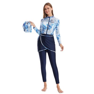 AFAVOM Muslim Swimsuits for Women Long Sleeve Modest Swimsuit UV Sun Protection Rash Guard Full Body Burkini Bathing Suit Islamic Swimming Suits UPF 50+ Swimwear Wrap Skirt Hijab Navy Blue-Pattern 2XL