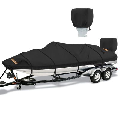 Boat Cover 17-19 ft 1200D Waterproof Boat Covers with Motor Cover Fits Bass Tracker Cover, V-Hull Tri-Hull Bass Boat.Trailerable Marine Grade Boat Cover, Pro-Style Bass Boat with Tightening Strap