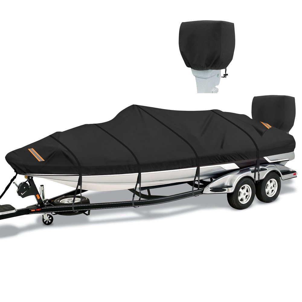 Boat Cover 17-19 ft 1200D Waterproof Boat Covers with Motor Cover Fits Bass Tracker Cover, V-Hull Tri-Hull Bass Boat.Trailerable Marine Grade Boat Cover, Pro-Style Bass Boat with Tightening Strap
