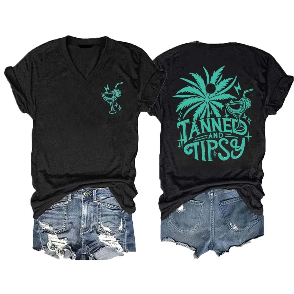Tanned and Tipsy Shirt Beach Vacation Shirts Day Drinking T Shirt Beach Summer T Shirt V Neck Tee Black