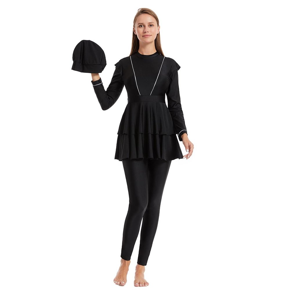 AFAVOM Muslim Swimsuits for Women Islamic Modest Bathing Suit Sun Protection Long Sleeve Rash Guard Dress Full Cover Burkini Swimwear Conservative Swimming Suit Top + Pants + Hijab Cap Black XXL