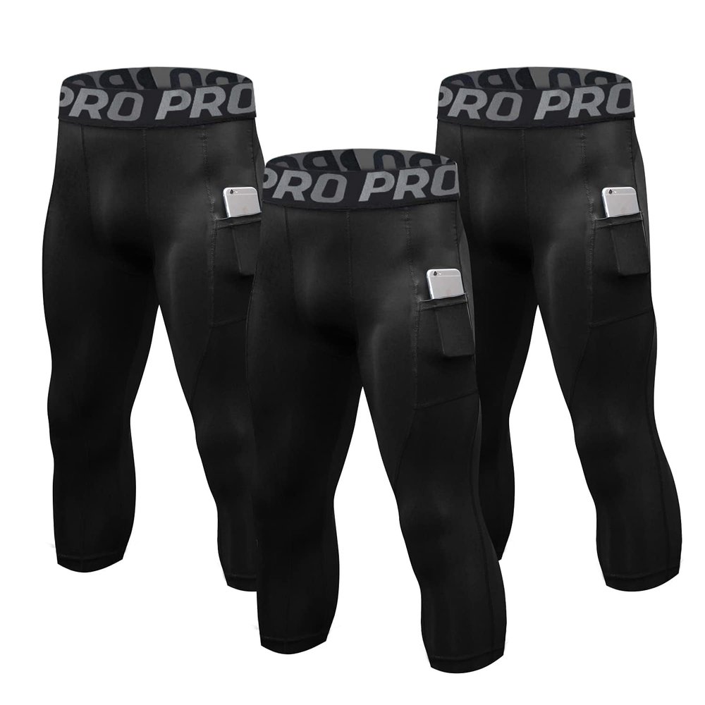 LNFINTDO 3/4 Compression Pants for Men with Pockets Capri Sports Legging Basketball Running Tights Cool Dry Workout Baselayer