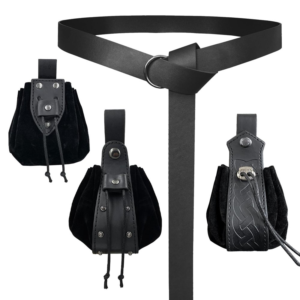 EpicCos 4 PCsMedieval O Ring Belt and Drawstring Pouch Set, Retro Faux Leather Belt Bag Dice Bag Portable Coin Purse For LARP (Black A)