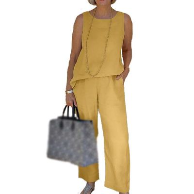 Akivide Women Sleeveless 2 Piece Outfit Linen Tank Top Wide Leg Long Pant Casual Summer Beach Two Piece Matching Set Pocket