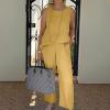 Akivide Women Sleeveless 2 Piece Outfit Linen Tank Top Wide Leg Long Pant Casual Summer Beach Two Piece Matching Set Pocket view 2