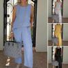 Akivide Women Sleeveless 2 Piece Outfit Linen Tank Top Wide Leg Long Pant Casual Summer Beach Two Piece Matching Set Pocket view 3