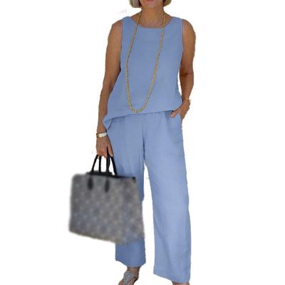 Akivide Women Sleeveless 2 Piece Outfit Linen Tank Top Wide Leg Long Pant Casual Summer Beach Two Piece Matching Set Pocket