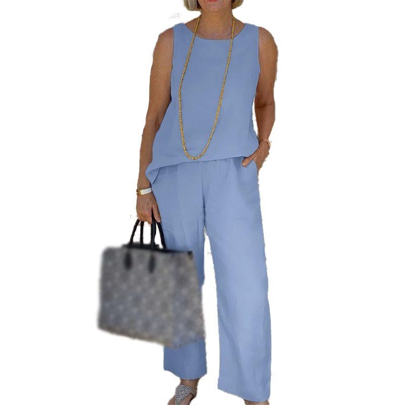 Akivide Women Sleeveless 2 Piece Outfit Linen Tank Top Wide Leg Long Pant Casual Summer Beach Two Piece Matching Set Pocket
