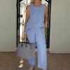 Akivide Women Sleeveless 2 Piece Outfit Linen Tank Top Wide Leg Long Pant Casual Summer Beach Two Piece Matching Set Pocket view 2