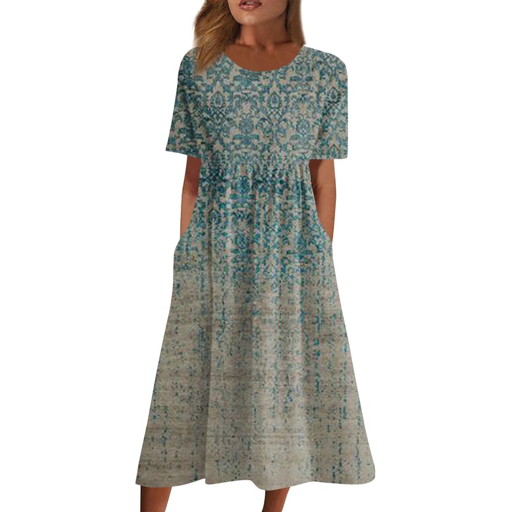 SGASY Summer Dresses for Women 2025 Short Sleeve Crew Neck Printed Sundress Casual Wedding Guest Dresses with Pockets