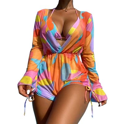 Bikini Sets for Women 3 Piece Swimsuits for Women Halter Bikini Bathing Suit Beachwear Long Sleeve Drawstring Short Romper Cover Up Bra and Shorts Bathing Suit Trajes De Bao para Mujer Orange XL