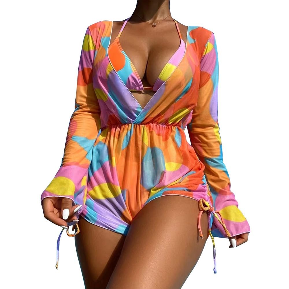 Bikini Sets for Women 3 Piece Swimsuits for Women Halter Bikini Bathing Suit Beachwear Long Sleeve Drawstring Short Romper Cover Up Bra and Shorts Bathing Suit Trajes De Bao para Mujer Orange XL