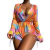 Bikini Sets for Women 3 Piece Swimsuits for Women Halter Bikini Bathing Suit Beachwear Long Sleeve Drawstring Short Romper Cover Up Bra and Shorts Bathing Suit Trajes De Bao para Mujer Orange XL view 1