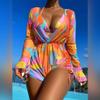 Bikini Sets for Women 3 Piece Swimsuits for Women Halter Bikini Bathing Suit Beachwear Long Sleeve Drawstring Short Romper Cover Up Bra and Shorts Bathing Suit Trajes De Bao para Mujer Orange XL view 2