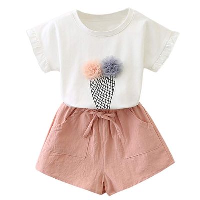 AMIMOJY Girls' Infant Toddler Baby Shorts Sets Ice cream print T-Shirt Tee and Shorts 2-piece Summer Outfits, 9, White