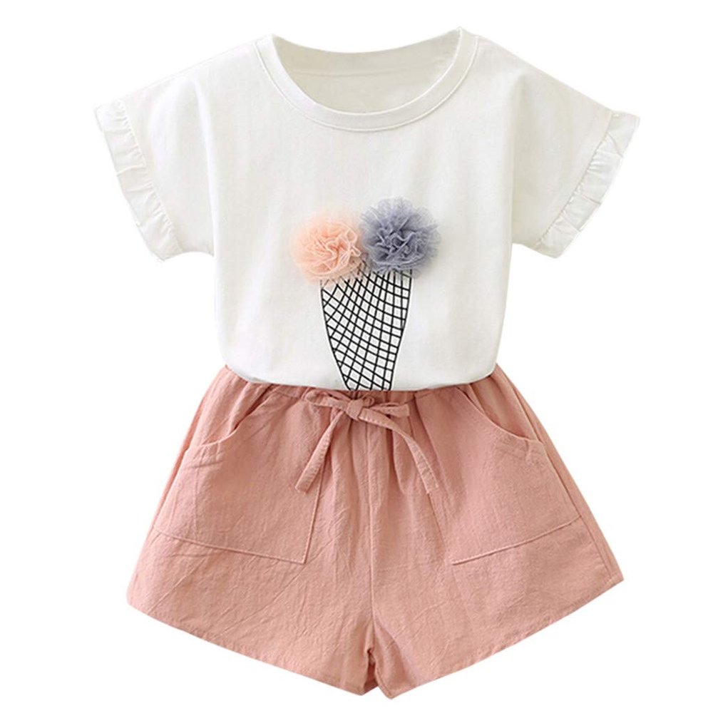 AMIMOJY Girls' Infant Toddler Baby Shorts Sets Ice cream print T-Shirt Tee and Shorts 2-piece Summer Outfits, 9, White