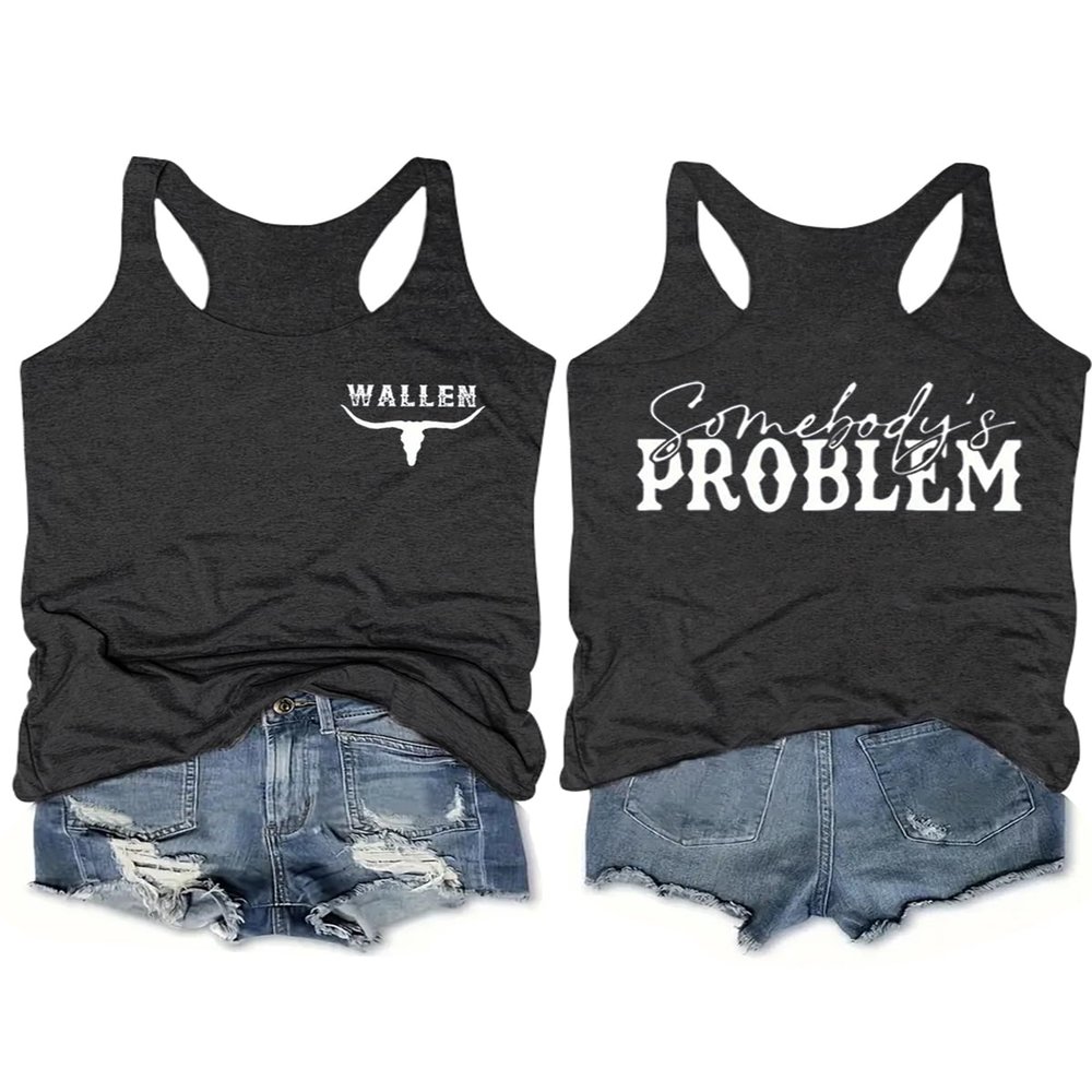 AEARGIV Womens Somebody's Problem Tank Tops Country Music Tees Western Cowboy Cowgirl Shirt(M,Dark Grey)