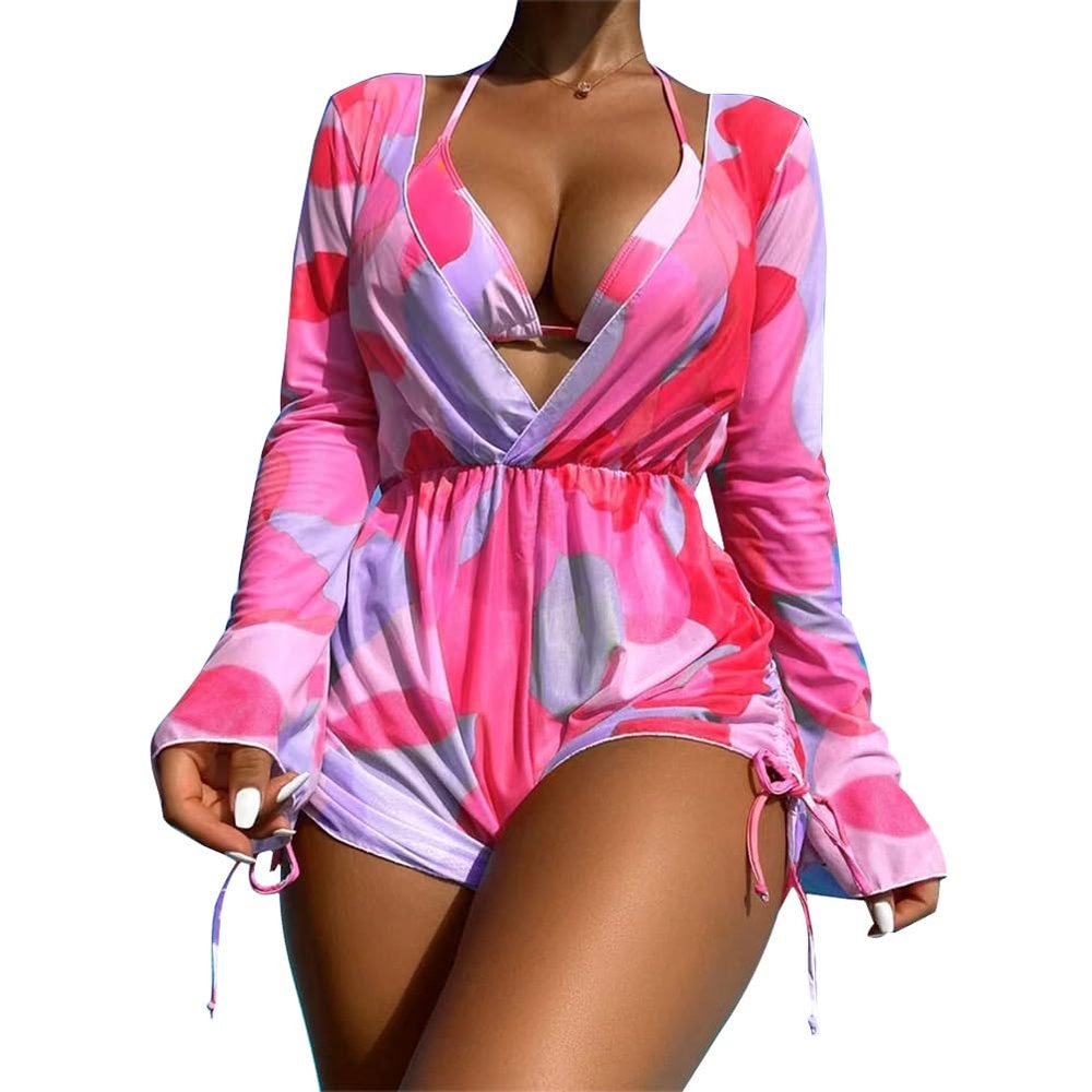 3 Piece Swimsuits for Women Bathing Suit with Matching Cover Up Micro Bikini Tops for Women High Waisted Bikini Bottoms Trajes De Bao para Mujer Pink M