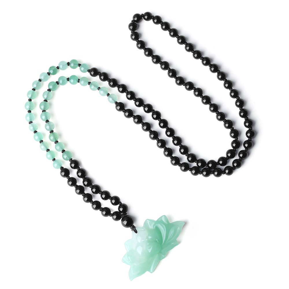 COAI 108 Beads Lotus Necklace for Women, Onyx Green Aventurine Beaded Necklace for Women