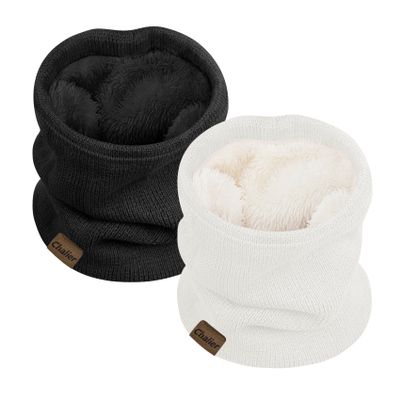 Chalier Infinity Scarf Winter Double-Layer Neck Warmer Knit Fleece Lined Circle Loop Scarves, Black Pure White