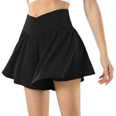Maxbee Womens Tennis Skirt with Pockets Crossover High Waisted Athletic Shorts Golf Skorts Flowy Running Workout Shorts Black