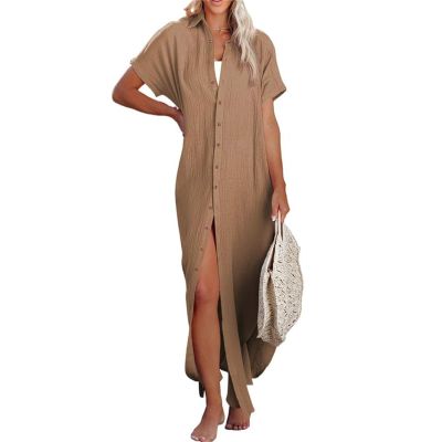 FQFGGYD Women's Maxi Dress Summer Casual Button Cardigan Beach Dresses Side Slit Swimsuits Cover Up Vacation Long Flowy Skirt Brown