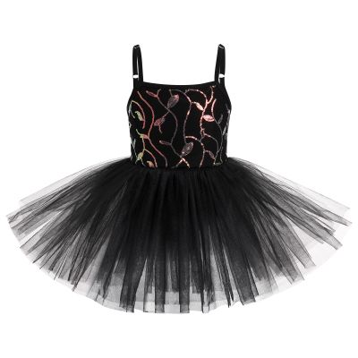AFAVOM Ballet Leotards for Girls Toddler Sequin Flower Camisole Ballet Dance Dress Tulle Tutu Skirted Leotard Ballet Outfit for Kids Shiny Ballerina Costume Dancewear Black 3-4 Years