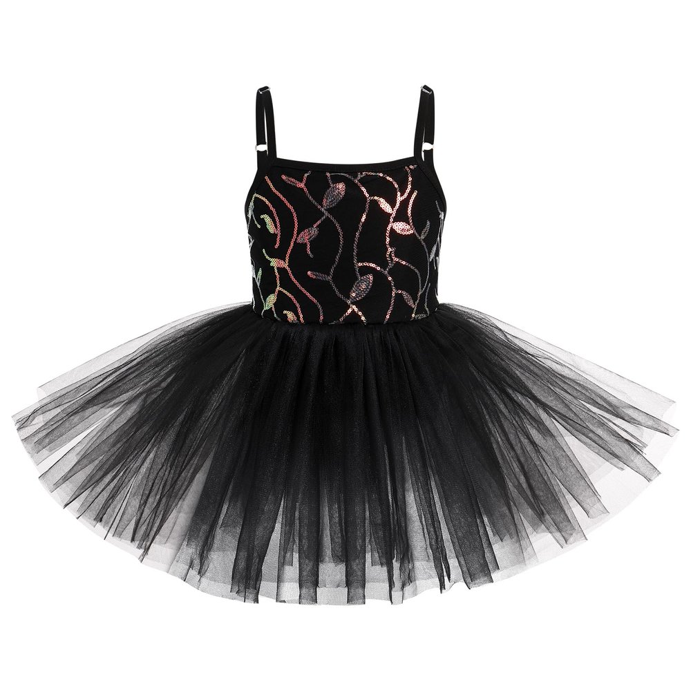 AFAVOM Ballet Leotards for Girls Toddler Sequin Flower Camisole Ballet Dance Dress Tulle Tutu Skirted Leotard Ballet Outfit for Kids Shiny Ballerina Costume Dancewear Black 3-4 Years