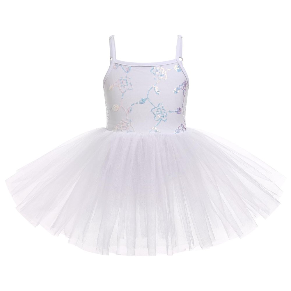AFAVOM Ballet Leotards for Girls Toddler Sequin Flower Camisole Ballet Dance Dress Tulle Tutu Skirted Leotard Ballet Outfit for Kids Shiny Ballerina Costume Dancewear White 3-4 Years