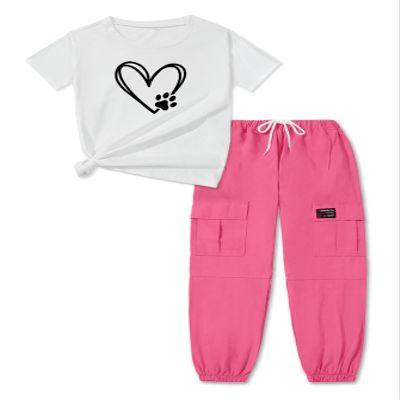 ARTMINE Girls 2-Piece Clothing Sets Sleeve Printed T-shirt+Casual Drawstring Elastic Waist Cargo Pants, US 13-14 Years = Tag 170