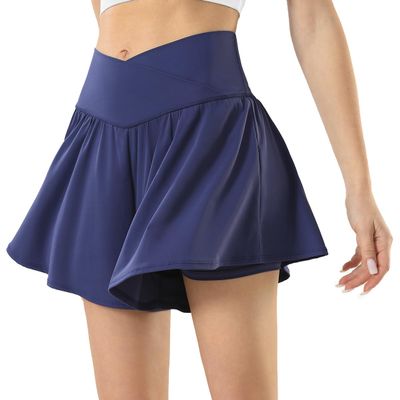 Maxbee Womens Tennis Skirt with Pockets Crossover High Waisted Athletic Shorts Golf Skorts Flowy Running Workout Shorts Navy Blue