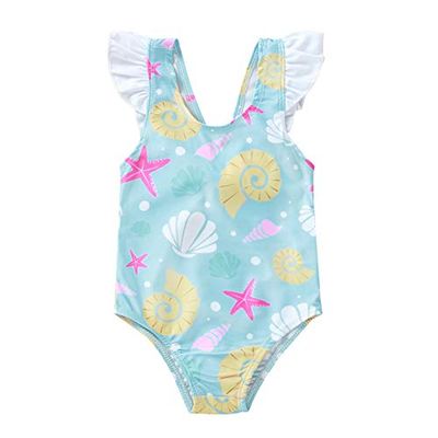 BULINGNA Toddler Baby Girl Swimsuit Ruffle Sleeveless Back Bowknot One-Piece Swimwear Shell Starfish Bathing Suit Bikini (Blue, 1-2 Years)
