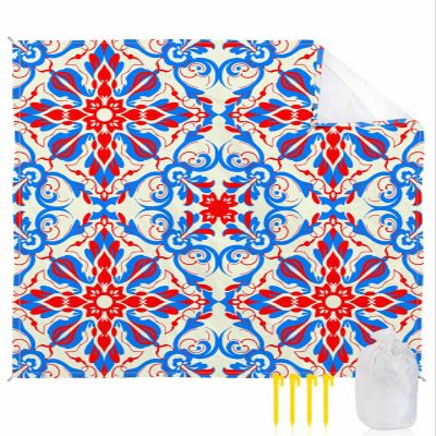 Beach Blanket Waterproof Sandproof Beach Mat, Boho Ethnic Blue Red Floral Picnic Blankets with Sand Pockets and Stakes, Abstract Lines Pattern Artwork Outdoor Pad for Seaside,Travel,Camping,95x80IN