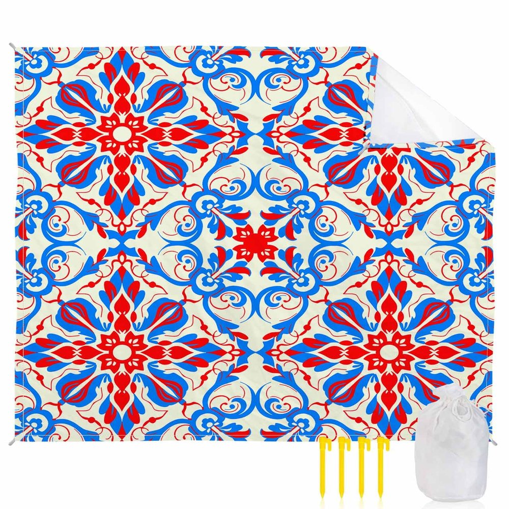 Beach Blanket Waterproof Sandproof Beach Mat, Boho Ethnic Blue Red Floral Picnic Blankets with Sand Pockets and Stakes, Abstract Lines Pattern Artwork Outdoor Pad for Seaside,Travel,Camping,95x80IN