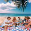 Beach Blanket Waterproof Sandproof Beach Mat, Boho Ethnic Blue Red Floral Picnic Blankets with Sand Pockets and Stakes, Abstract Lines Pattern Artwork Outdoor Pad for Seaside,Travel,Camping,95x80IN view 3