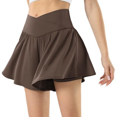 Maxbee Womens Tennis Skirt with Pockets Crossover High Waisted Athletic Shorts Golf Skorts Flowy Running Workout Shorts Brown