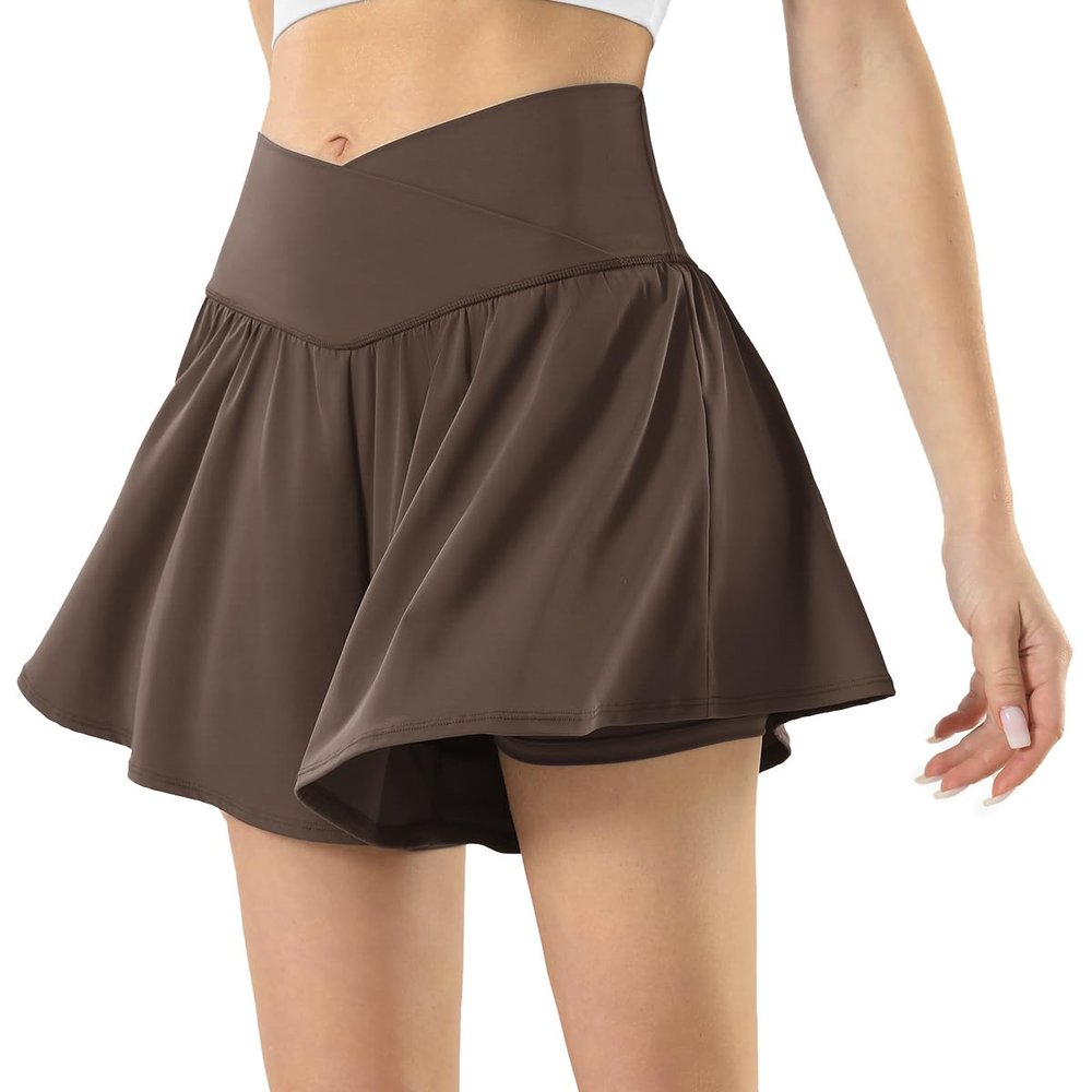 Maxbee Womens Tennis Skirt with Pockets Crossover High Waisted Athletic Shorts Golf Skorts Flowy Running Workout Shorts Brown