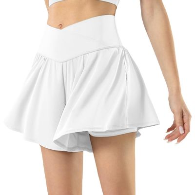Maxbee Womens Tennis Skirt with Pockets Crossover High Waisted Athletic Shorts Golf Skorts Flowy Running Workout Shorts White