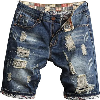 Men's Summer Ripped Denim Shorts Vintage Biker Distressed Stretchy Jean Shorts Knee Length Casual Short Jeans (Blue 1,29)