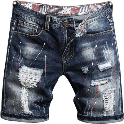 Men's Summer Ripped Denim Shorts Vintage Biker Distressed Stretchy Jean Shorts Knee Length Casual Short Jeans (Blue 4,28)