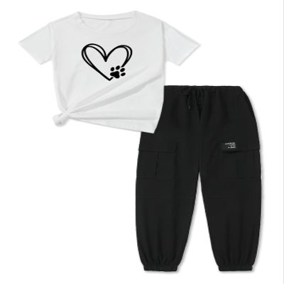 ARTMINE Girls 2-Piece Clothing Sets Sleeve Printed T-shirt+Casual Drawstring Elastic Waist Cargo Pants, US 6-7 Years = Tag 130