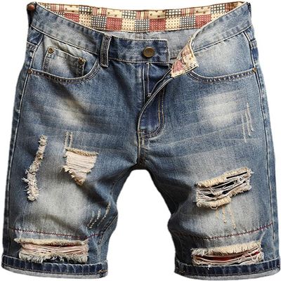 Men's Summer Ripped Denim Shorts Vintage Biker Distressed Stretchy Jean Shorts Knee Length Casual Short Jeans (Blue 3,30)